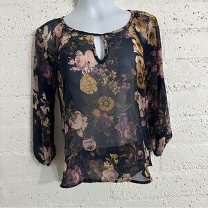 Rhapsodielle Womens Top S Blue Floral Sheer 3/4 Sleeve Blouse Keyhole J10